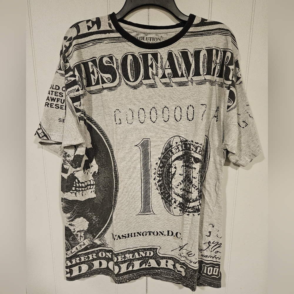 Evolution In Design Men's 2XL Short Sleeve Money Shirt Skull 100 Dollar Bill